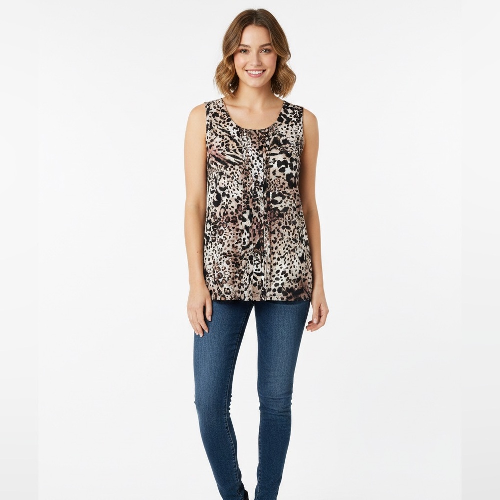 Chicos Tank Top Womens Animal Leopard Print Nylon Sleeveless Pleated